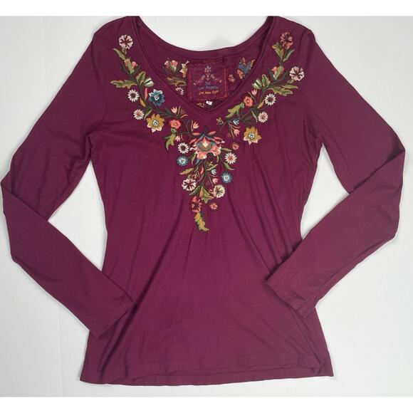 Johnny Was V Neck Burgundy Embroidered Floral Long Sleeve Tshirt Large - Picture 1 of 8